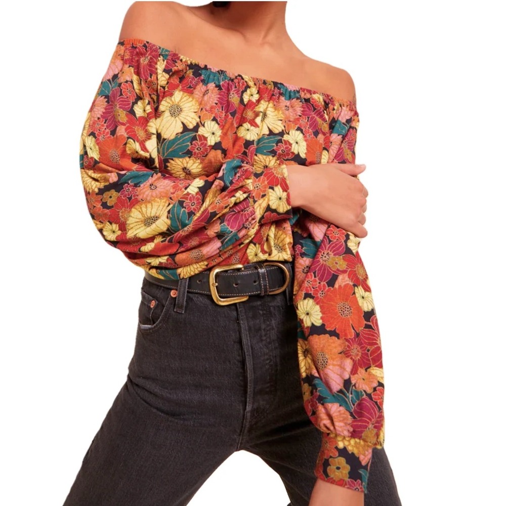 NATION LTD Hope Fancy Tee PEASANT TOP Pima Cotton OFF SHOULDER Kimono Floral S